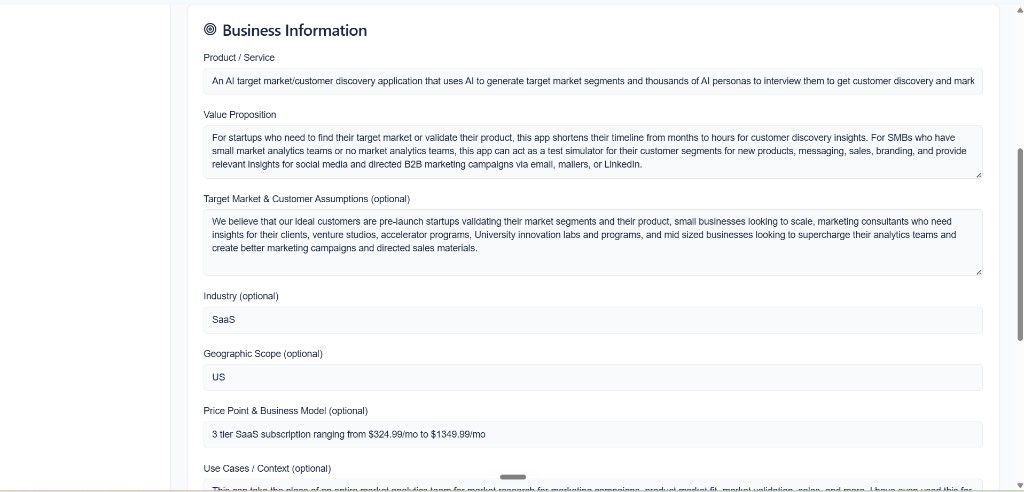 Market Fit AI Business Inputs page